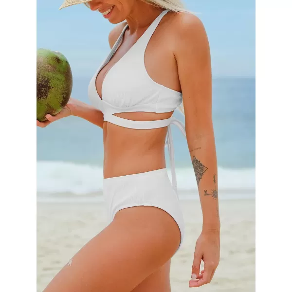 imageCUPSHE Bikini Set for Women Two Piece Swimsuits Triangle Top Mid Rise Crisscross Back Tie Cutout Spaghetti StrapsWhite