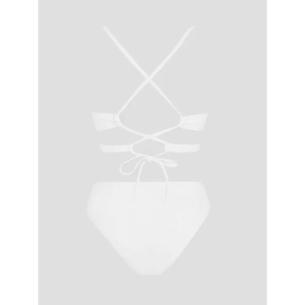 imageCUPSHE Bikini Set for Women Two Piece Swimsuits Triangle Top Mid Rise Crisscross Back Tie Cutout Spaghetti StrapsWhite