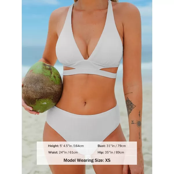 imageCUPSHE Bikini Set for Women Two Piece Swimsuits Triangle Top Mid Rise Crisscross Back Tie Cutout Spaghetti StrapsWhite