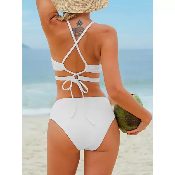 imageCUPSHE Bikini Set for Women Two Piece Swimsuits Triangle Top Mid Rise Crisscross Back Tie Cutout Spaghetti StrapsWhite