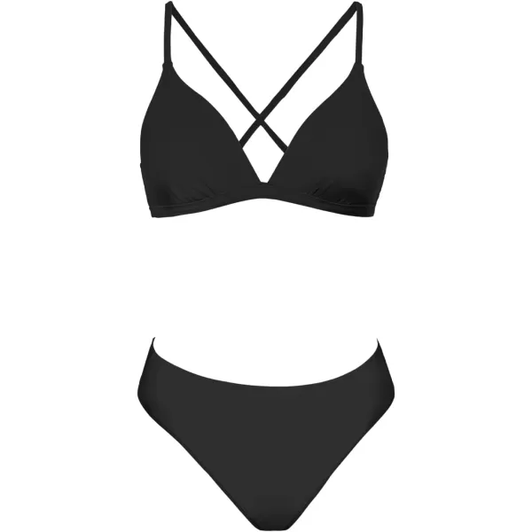 imageCUPSHE Bikini Set for Women Two Piece Swimsuits V Neck Low Rise Crisscross Back Self Tie Spaghetti StrapsBlack
