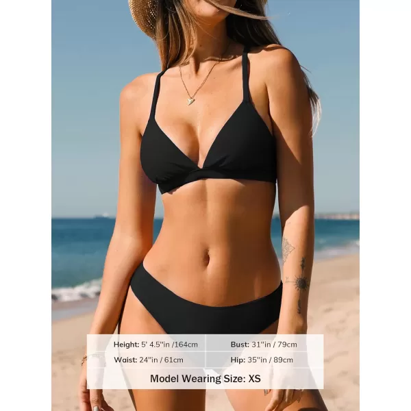 imageCUPSHE Bikini Set for Women Two Piece Swimsuits V Neck Low Rise Crisscross Back Self Tie Spaghetti StrapsBlack