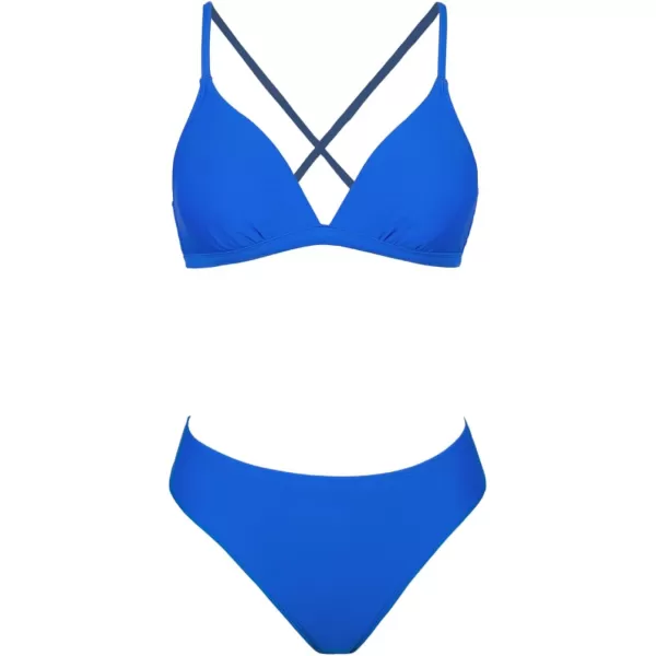imageCUPSHE Bikini Set for Women Two Piece Swimsuits V Neck Low Rise Crisscross Back Self Tie Spaghetti StrapsCobalt Blue
