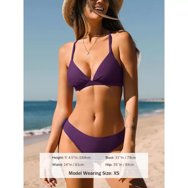 imageCUPSHE Bikini Set for Women Two Piece Swimsuits V Neck Low Rise Crisscross Back Self Tie Spaghetti StrapsGrape Purple