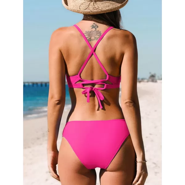 imageCUPSHE Bikini Set for Women Two Piece Swimsuits V Neck Low Rise Crisscross Back Self Tie Spaghetti StrapsHot Pink