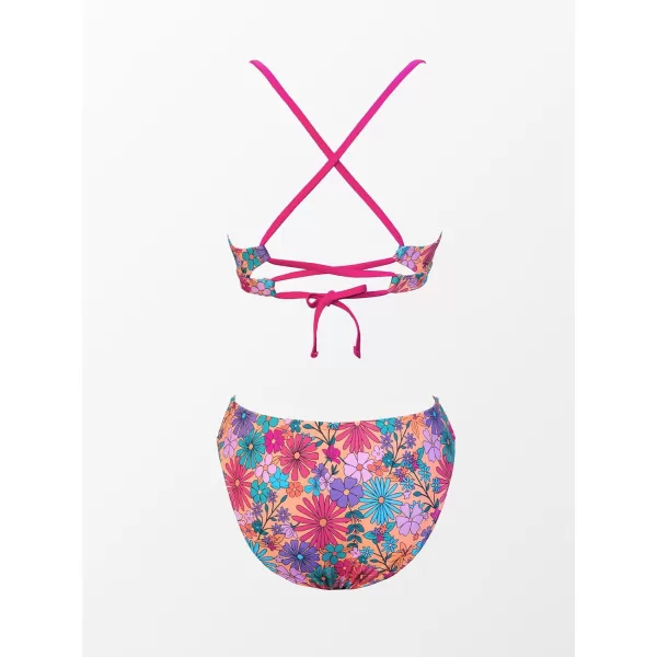 imageCUPSHE Bikini Set for Women Two Piece Swimsuits V Neck Low Rise Crisscross Back Self Tie Spaghetti StrapsPink Floral
