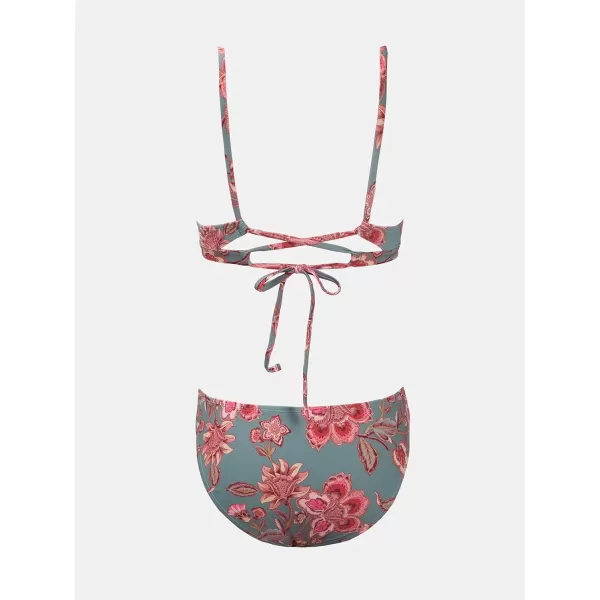 imageCUPSHE Bikini Set for Women Two Piece Swimsuits V Neck Low Rise Crisscross Back Self Tie Spaghetti StrapsRed Floral