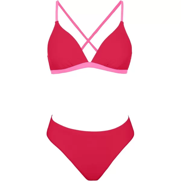 imageCUPSHE Bikini Set for Women Two Piece Swimsuits V Neck Low Rise Crisscross Back Self Tie Spaghetti StrapsRedPink