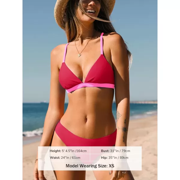 imageCUPSHE Bikini Set for Women Two Piece Swimsuits V Neck Low Rise Crisscross Back Self Tie Spaghetti StrapsRedPink