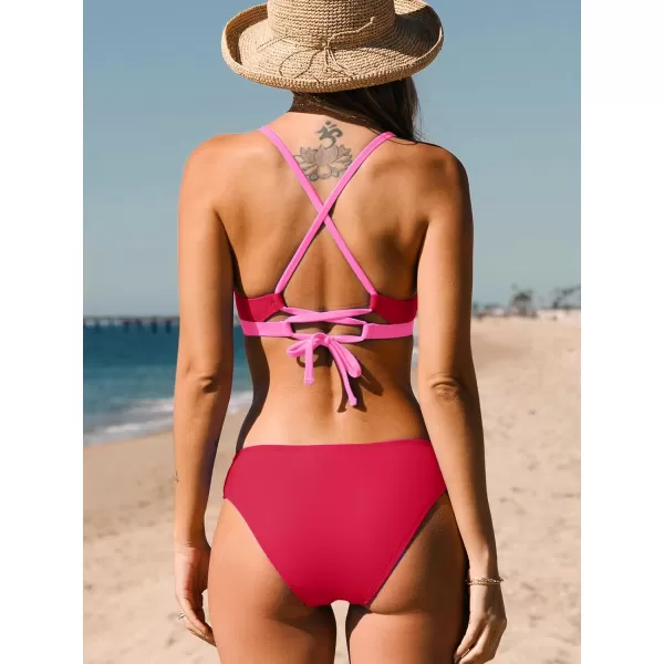 imageCUPSHE Bikini Set for Women Two Piece Swimsuits V Neck Low Rise Crisscross Back Self Tie Spaghetti StrapsRedPink