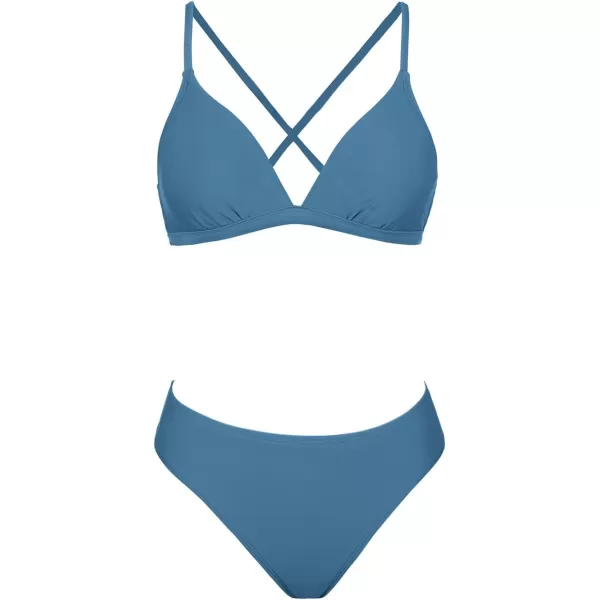 imageCUPSHE Bikini Set for Women Two Piece Swimsuits V Neck Low Rise Crisscross Back Self Tie Spaghetti StrapsSteel Blue