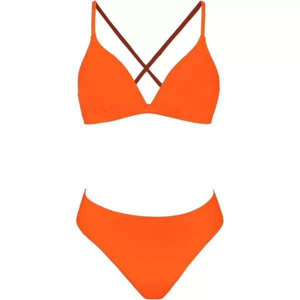 imageCUPSHE Bikini Set for Women Two Piece Swimsuits V Neck Low Rise Crisscross Back Self Tie Spaghetti StrapsTiger Orange