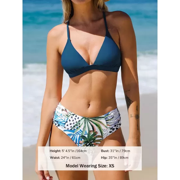 imageCUPSHE Bikini Set for Women Two Piece Swimsuits V Neck Mid Waisted Back Hook Adjustable Straps Ruched BottomNavy BlueWhite