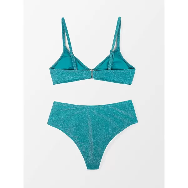 imageCUPSHE Bikini Sets for Woman Two Piece Swimsuits High Waisted Adjustable Straps Back Hook V NeckBlue