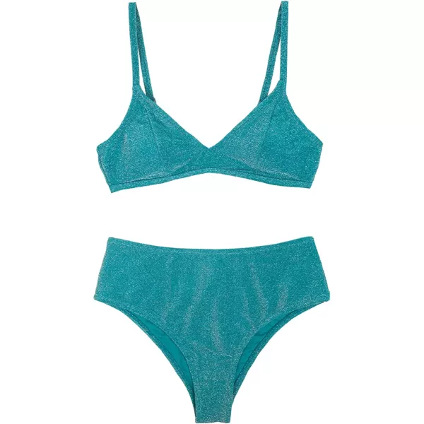 imageCUPSHE Bikini Sets for Woman Two Piece Swimsuits High Waisted Adjustable Straps Back Hook V NeckBlue