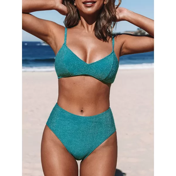 imageCUPSHE Bikini Sets for Woman Two Piece Swimsuits High Waisted Adjustable Straps Back Hook V NeckBlue
