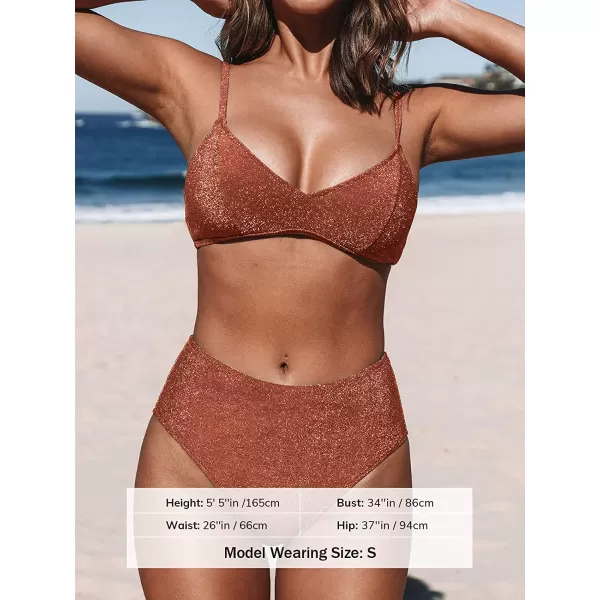 imageCUPSHE Bikini Sets for Woman Two Piece Swimsuits High Waisted Adjustable Straps Back Hook V NeckBrick Red