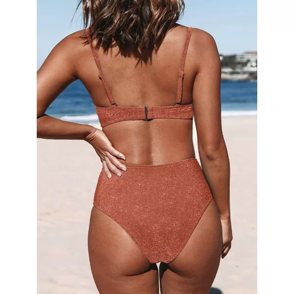 imageCUPSHE Bikini Sets for Woman Two Piece Swimsuits High Waisted Adjustable Straps Back Hook V NeckBrick Red