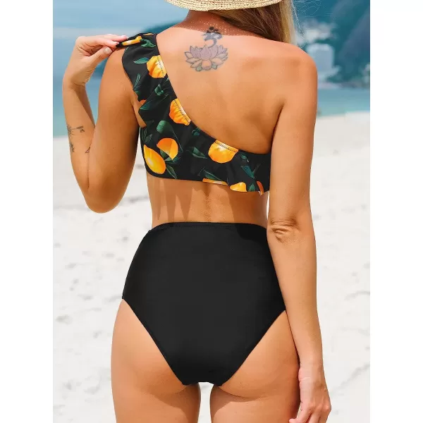 imageCUPSHE Bikini Sets for Women Bathing Suit High Waisted Tummy Control One Shoulder RuffleBlack and Lemon Print
