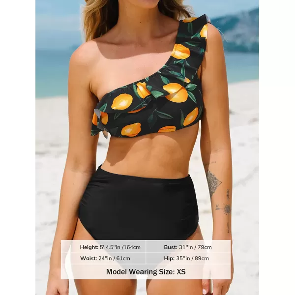imageCUPSHE Bikini Sets for Women Bathing Suit High Waisted Tummy Control One Shoulder RuffleBlack and Lemon Print