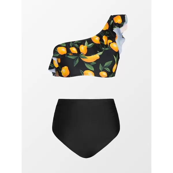 imageCUPSHE Bikini Sets for Women Bathing Suit High Waisted Tummy Control One Shoulder RuffleBlack and Lemon Print