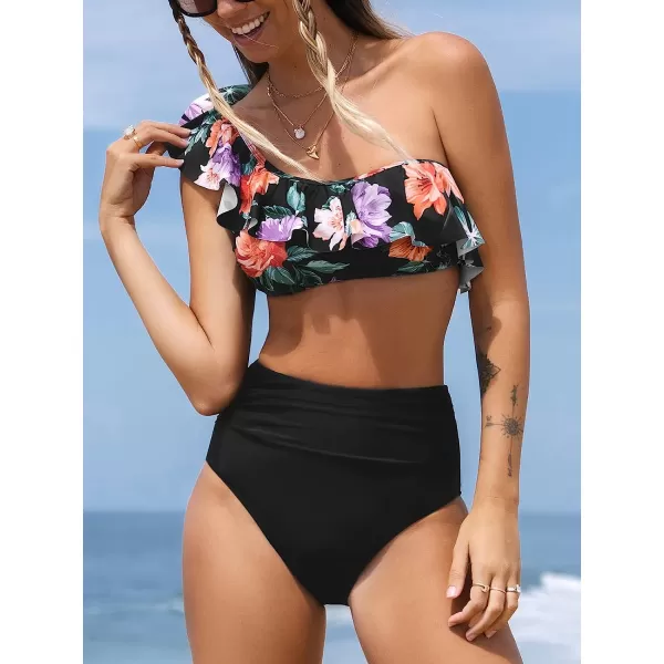 imageCUPSHE Bikini Sets for Women Bathing Suit High Waisted Tummy Control One Shoulder RuffleBlackfloral Print