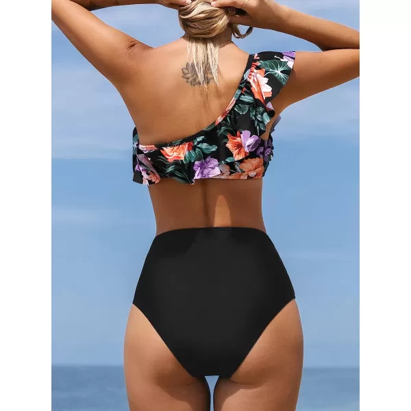 imageCUPSHE Bikini Sets for Women Bathing Suit High Waisted Tummy Control One Shoulder RuffleBlackfloral Print