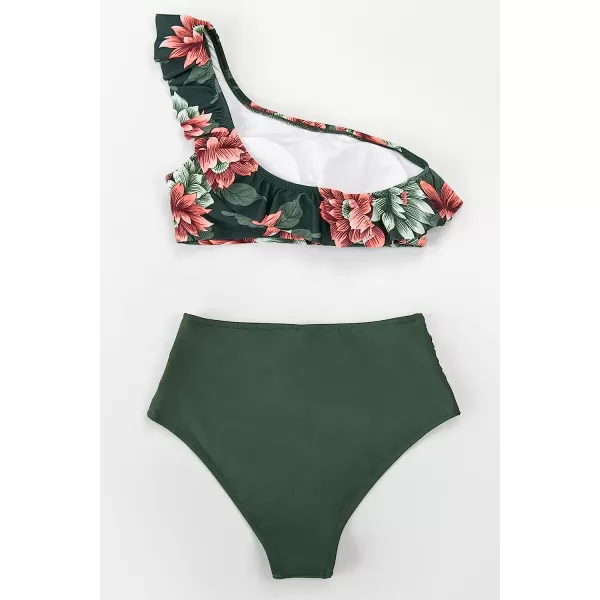 imageCUPSHE Bikini Sets for Women Bathing Suit High Waisted Tummy Control One Shoulder RuffleGreen