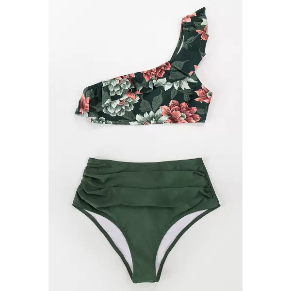 imageCUPSHE Bikini Sets for Women Bathing Suit High Waisted Tummy Control One Shoulder RuffleGreen
