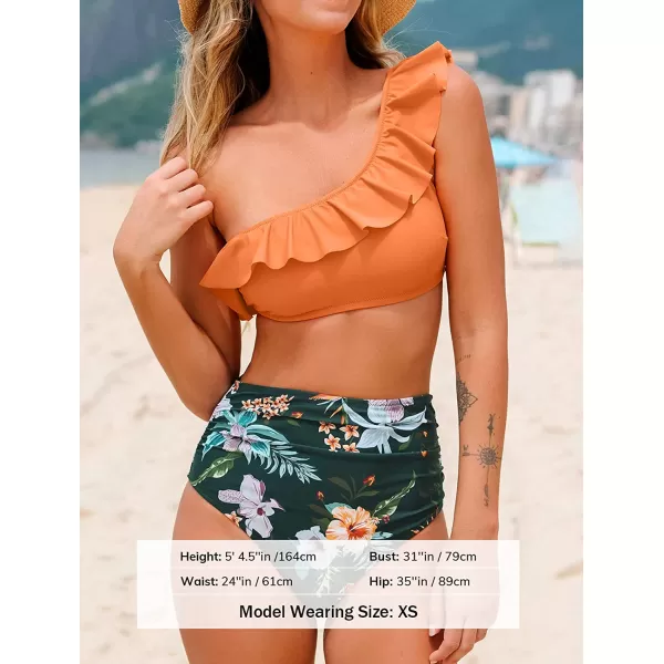 imageCUPSHE Bikini Sets for Women Bathing Suit High Waisted Tummy Control One Shoulder RuffleOrange and Floral