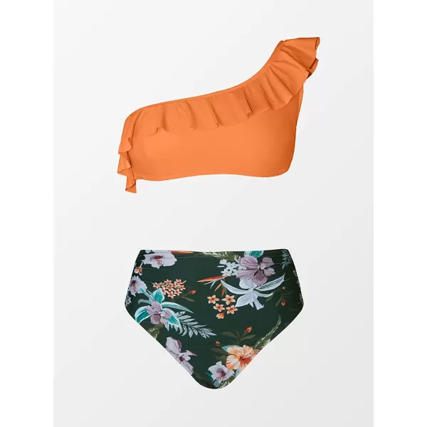 imageCUPSHE Bikini Sets for Women Bathing Suit High Waisted Tummy Control One Shoulder RuffleOrange and Floral