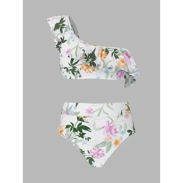 imageCUPSHE Bikini Sets for Women Bathing Suit High Waisted Tummy Control One Shoulder RuffleWhite Floral