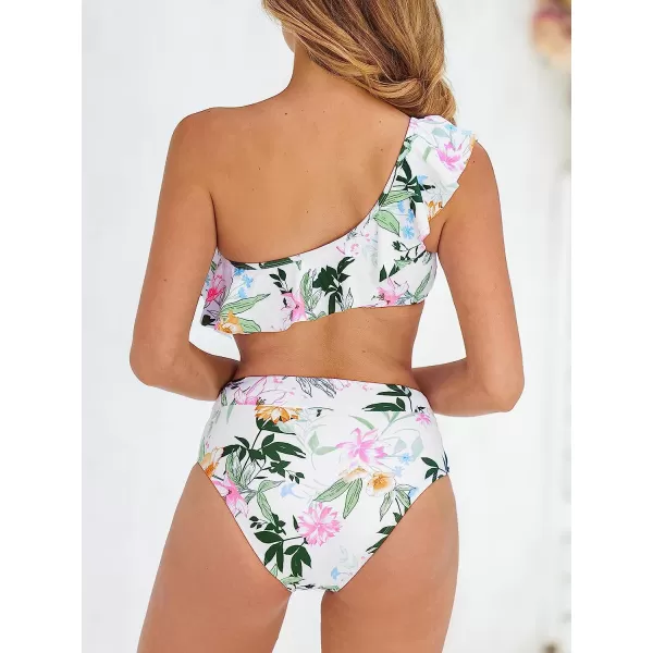 imageCUPSHE Bikini Sets for Women Bathing Suit High Waisted Tummy Control One Shoulder RuffleWhite Floral
