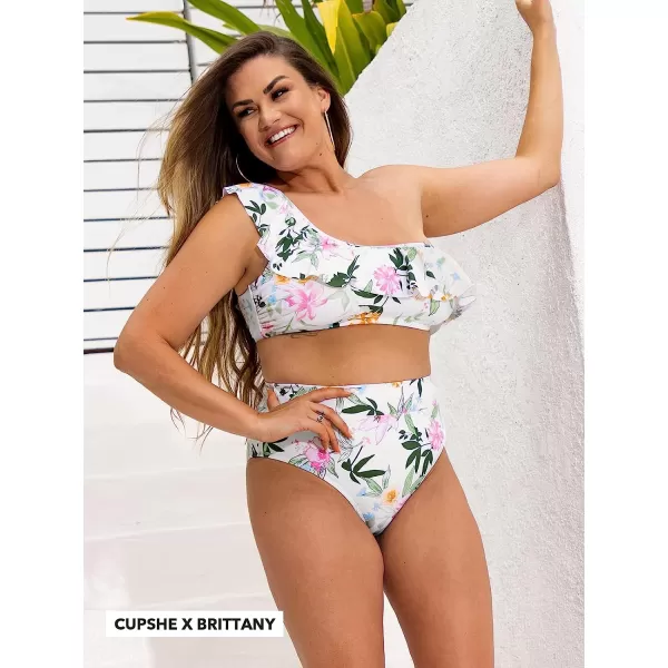 imageCUPSHE Bikini Sets for Women Bathing Suit High Waisted Tummy Control One Shoulder RuffleWhite Floral