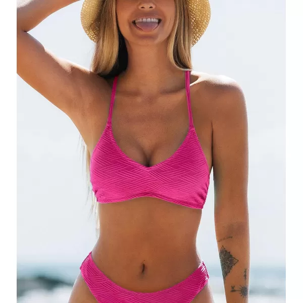 imageCUPSHE Bikini Top for Women Bathing Suit Criss Cross Self Tie Spaghetti Straps V NeckNeon Pink