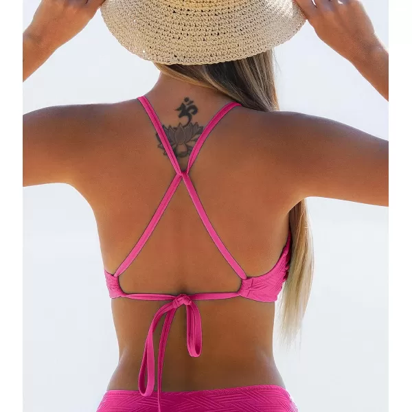 imageCUPSHE Bikini Top for Women Bathing Suit Criss Cross Self Tie Spaghetti Straps V NeckNeon Pink