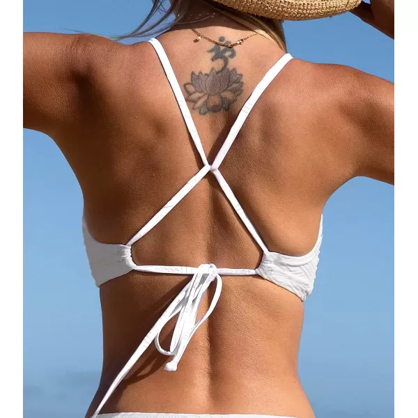 imageCUPSHE Bikini Top for Women Bathing Suit Criss Cross Self Tie Spaghetti Straps V NeckWhite