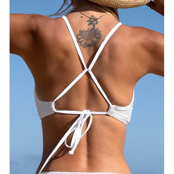 imageCUPSHE Bikini Top for Women Bathing Suit Criss Cross Self Tie Spaghetti Straps V NeckWhite