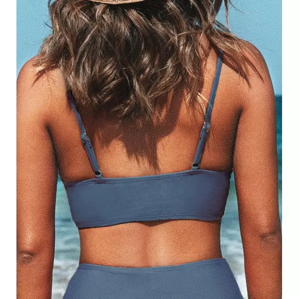 imageCUPSHE Bikini Top for Women Bathing Suit V Neck Adjustable Spaghetti Straps Twist FrontMarble Blue