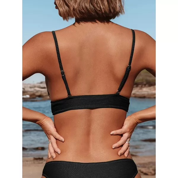 imageCUPSHE Bikini Top for Women Swimsuit V Neck Ribbed Adjustable Spaghetti Straps Bathing SuitBlack