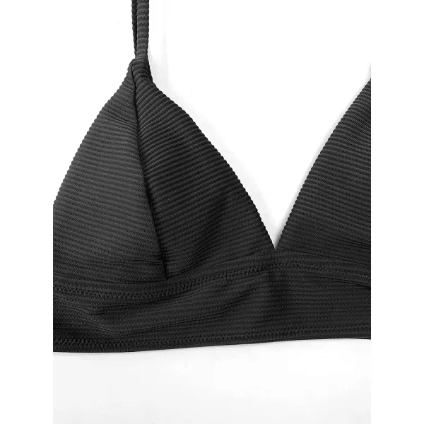 imageCUPSHE Bikini Top for Women Swimsuit V Neck Ribbed Adjustable Spaghetti Straps Bathing SuitBlack