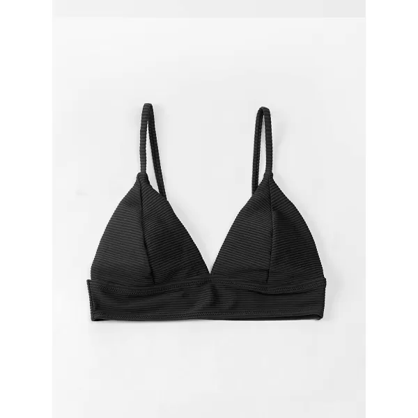 imageCUPSHE Bikini Top for Women Swimsuit V Neck Ribbed Adjustable Spaghetti Straps Bathing SuitBlack
