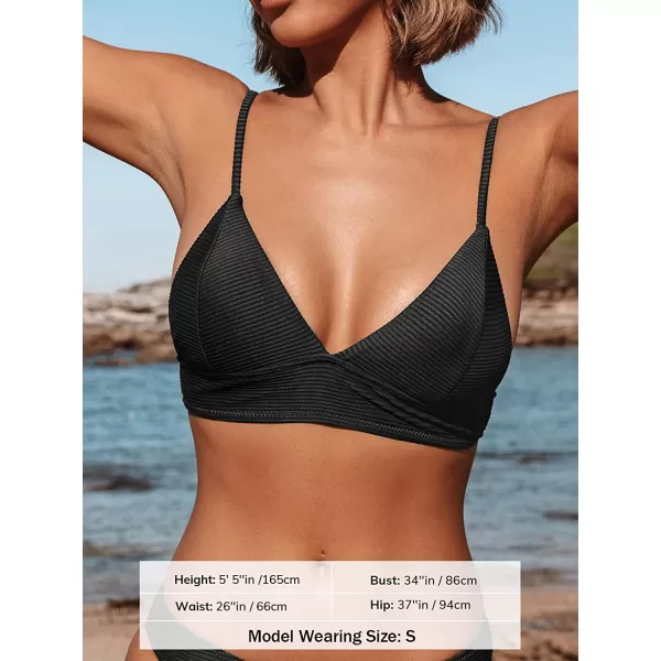 imageCUPSHE Bikini Top for Women Swimsuit V Neck Ribbed Adjustable Spaghetti Straps Bathing SuitBlack