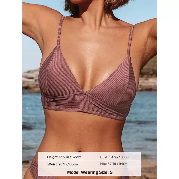 imageCUPSHE Bikini Top for Women Swimsuit V Neck Ribbed Adjustable Spaghetti Straps Bathing SuitBrick Red