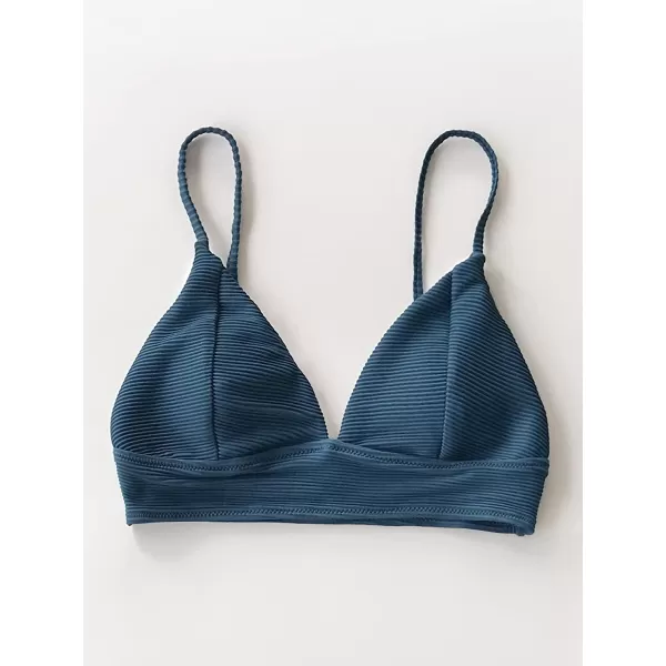 imageCUPSHE Bikini Top for Women Swimsuit V Neck Ribbed Adjustable Spaghetti Straps Bathing SuitNavy