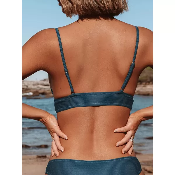 imageCUPSHE Bikini Top for Women Swimsuit V Neck Ribbed Adjustable Spaghetti Straps Bathing SuitNavy