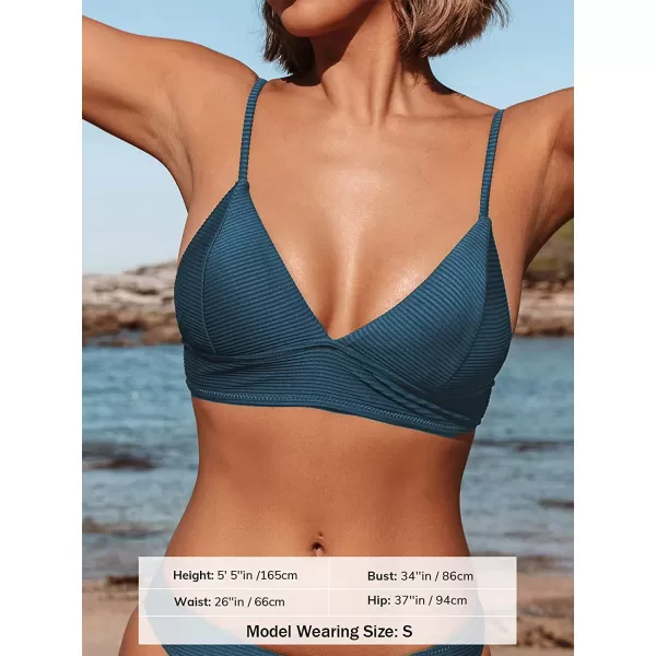 imageCUPSHE Bikini Top for Women Swimsuit V Neck Ribbed Adjustable Spaghetti Straps Bathing SuitNavy