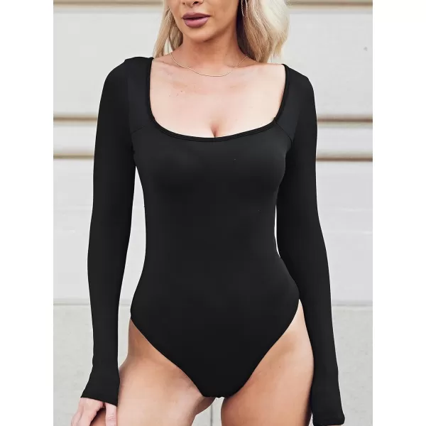 imageCUPSHE Bodysuit for Women Tummy Control Shapewear Long Sleeve Square Neck Slimmer Body Shaper Tank TopBlack