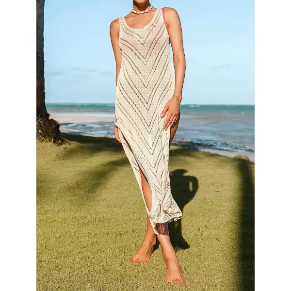 imageCUPSHE Cover Up for Women Beachwear Round Neck Crochet Sleeveless Maxi Length Pull Over Loose WaistBeige