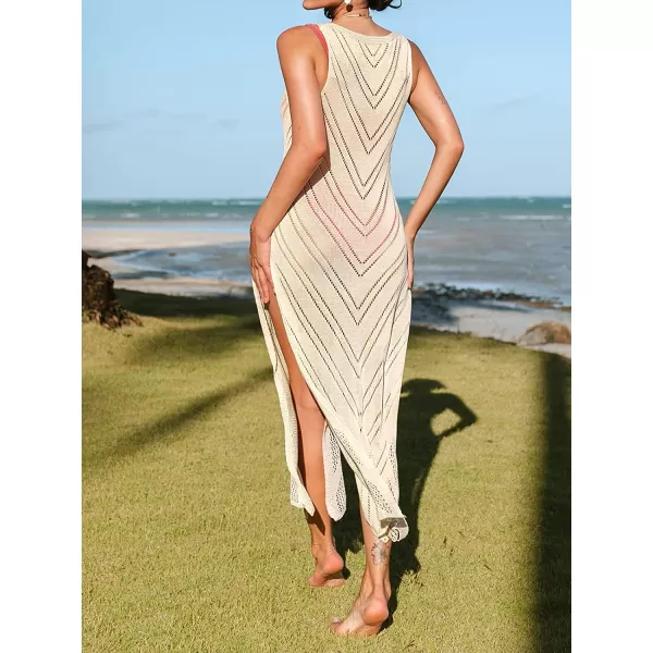 imageCUPSHE Cover Up for Women Beachwear Round Neck Crochet Sleeveless Maxi Length Pull Over Loose WaistBeige